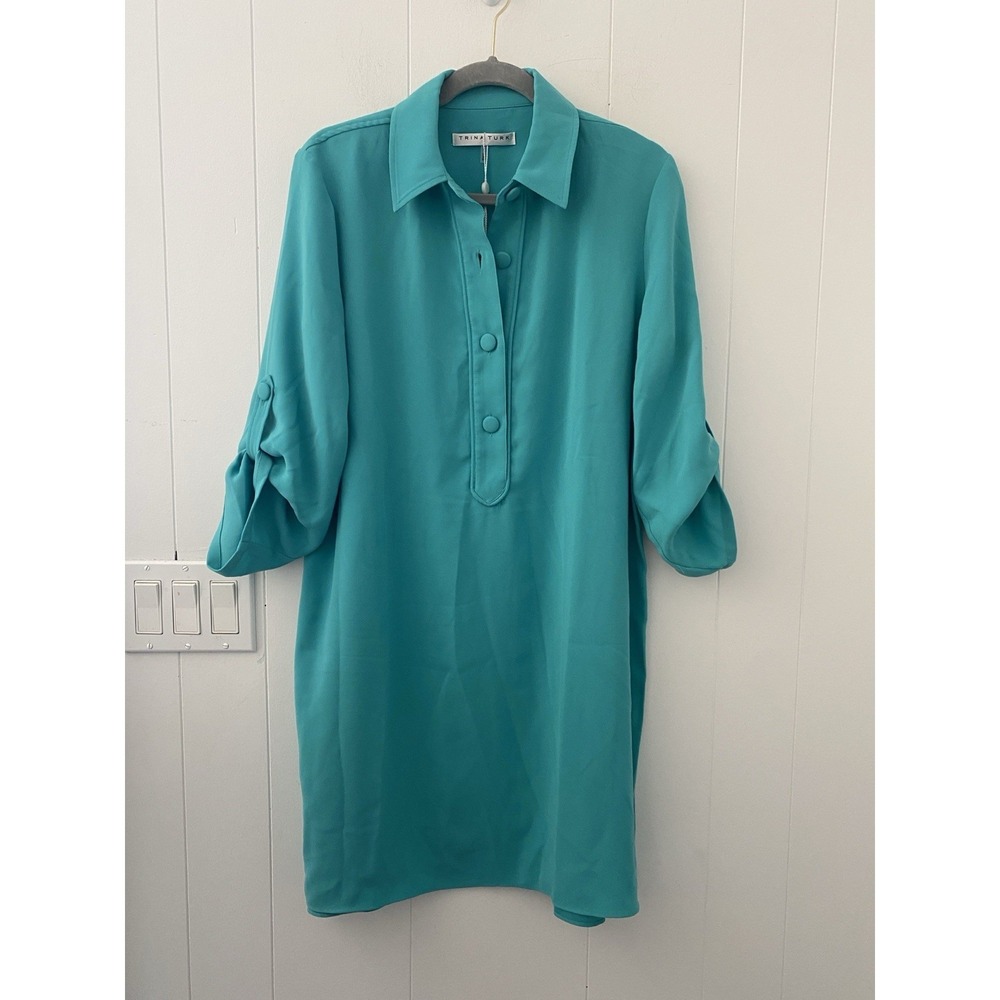 Trina Turk Portrait Shirt Dress Size L Teal Green Blue Shift Roll Tab Sleeve NWT